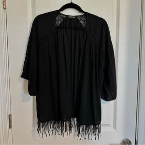 Express Black Lace-Trim Kimono with Beaded Fringe